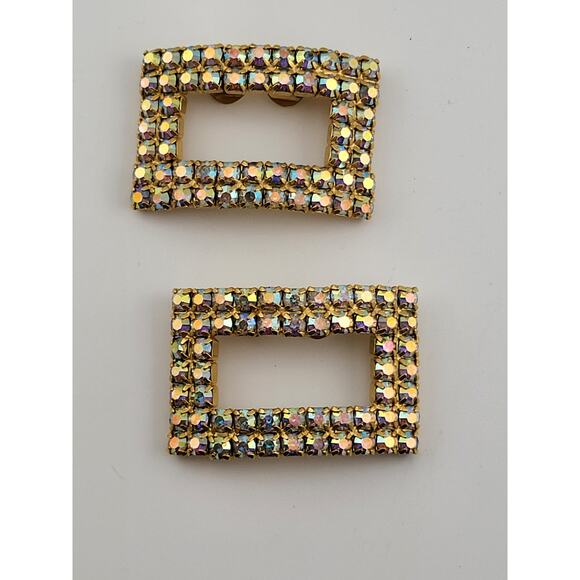 Vintage AB Rhinestone Shoe Clips Gold Tone Rectangle Pair 1.75 Inch Sparkle - Picture 1 of 4